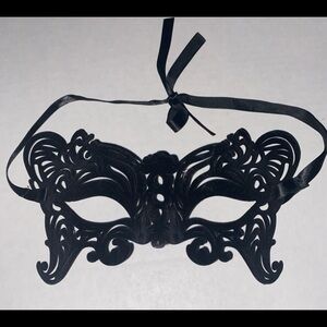 H&M Masquerade Ball Mask, Formed Black Velvet Covered. Black Ribbon Tie Back